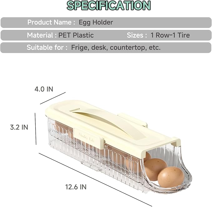 Egg Holder for Fridge Automatic Rolling, Egg Storager Container Organizer Dispenser for Refrigerator Stackable Removable Inner Tray, Egg Accessories (Clear, 1 Row-1 Tier)