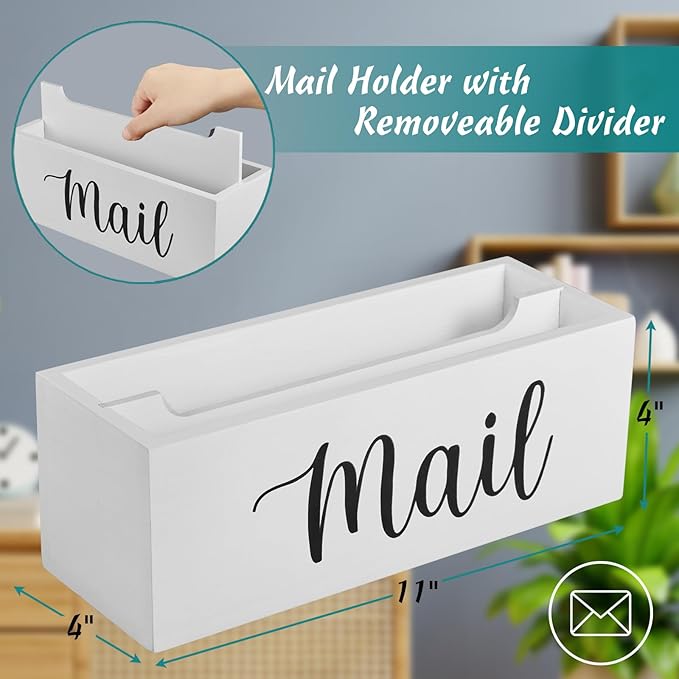 DRASTAR Mail Organizer, Mail Holder with 2 Slots, White Mail Basket for Wall Mount, Wooden Desk Mail Organizer, Envelope Holder for Home Office Decor