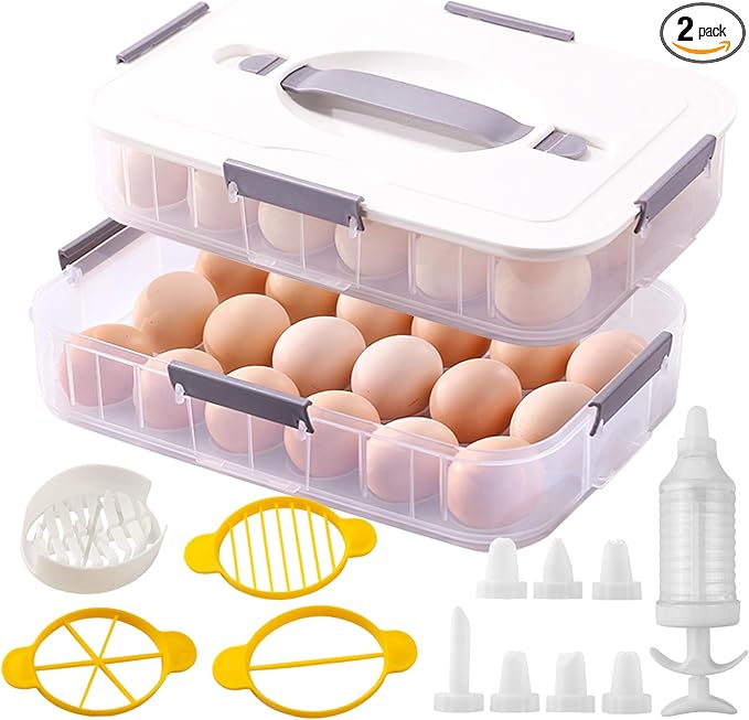 2 Layer Deviled Egg Containers with Lid, 36 Slots Deviled Egg Tray Carrier with Handle and Injector Piping Tool, Fridge Stackable Portable Clear Storage Egg Platter for Party Picnic Travel (white)