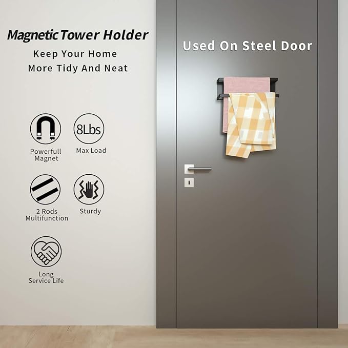 Magnetic Paper Towel Holder for Refrigerator, Kitchen Towel Bar Magnetic Paper Rack Multi Function Made of Iron,Used for Kitchen,Bathroom,Toilet, Drill Free (Black, Medium)