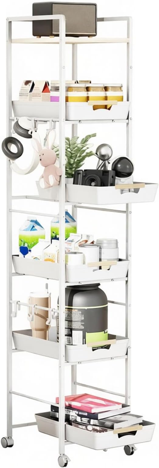 6-Tier Slim Rolling Storage Cart with Wheels, Metal Organizer Tall Rolling Cart, Wood Top Narrow Mobile Utility Cart with Pull-Out Baskets for Kitchen, Bathroom, Laundry Room, 13in(W) White