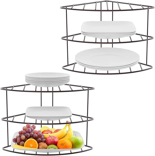 3-Tier Kitchen Details Corner Shelf Organizer | Cabinet & Countertop Storage | Plates | Cups | Bowls (2, Bronze)