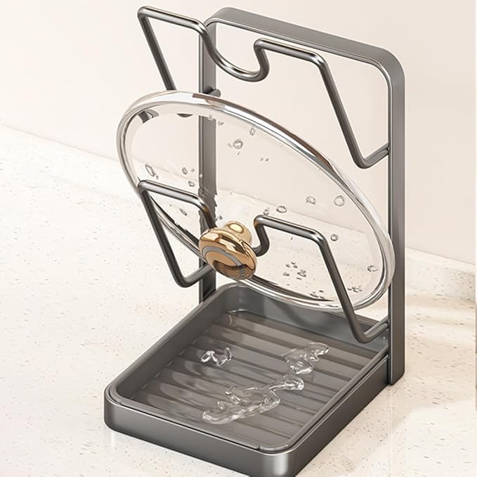 Kitchen Pot Lid Storage Rack,Kitchen Pot Lid Holder Organizer Storage Rack Drip Tray On Counter for Cooking,Multifunctional Utensils Pan Pots Cover Lids Rack Shelf (Gray, Double-layer)