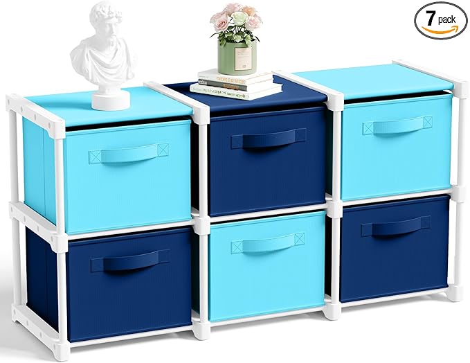 Thyle Large Cube Storage Organizer Shelf with 6 Bins 14 Inch Fabric Collapsible Cubby Storage Drawers Shelving Unit for Christmas Ornaments Clothes Toys Craft(Dark Blue,Light Blue,Colorful)