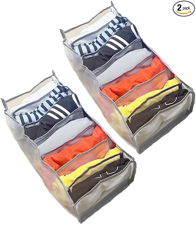 HSLFUAI 2 Pack Drawer Organizer for Thin Jeans,Pants,T-shirts Foldable Closet Organizer Drawer Soft Fabric Dresser Drawer Divider Bins for Thin Jeans,Pants,T-shirts (Gray-7M-2PCS)