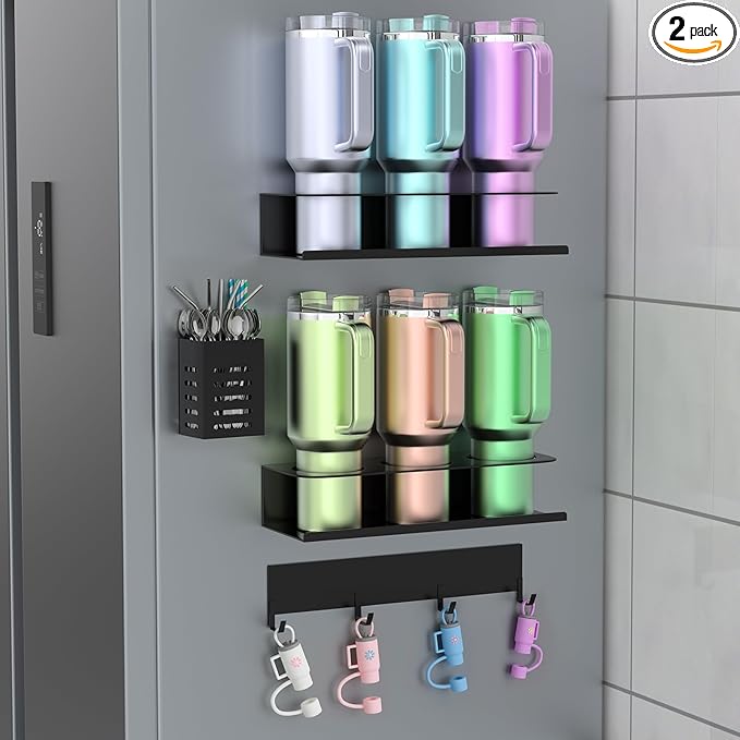 2 Pack Magnetic Stanley Cup Organizer Water Bottle Holder for Stanley 30&40 oz Tumbler with Lid Hook Straw Holder and Double Sided Tape Hold Stanley Cup Accessories for Kitchen Fridge Cabinet