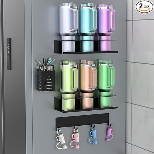 2 Pack Magnetic Stanley Cup Organizer Water Bottle Holder for Stanley 30&40 oz Tumbler with Lid Hook Straw Holder and Double Sided Tape Hold Stanley Cup Accessories for Kitchen Fridge Cabinet