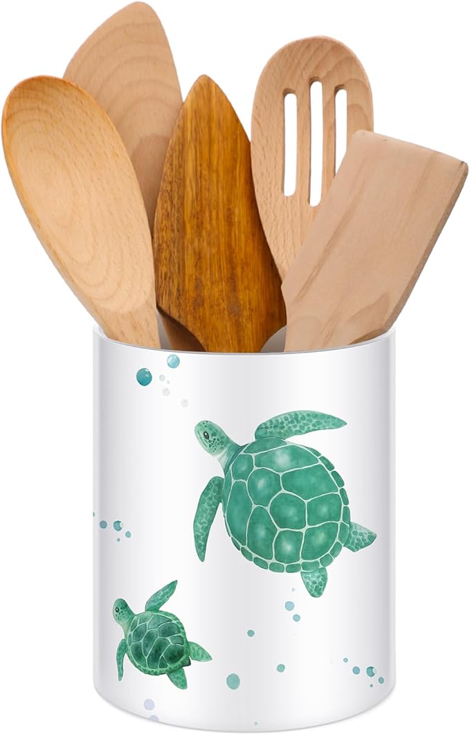 WILLBOND Sea turtle Utensil Holder Cute Acrylic Kitchen Decor Cooking Utensil Crock Storage Caddy Organizer for Spatula Cooking Tools Kitchen Countertop Spoon Holder Jar Housewarming Gift
