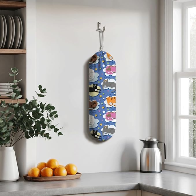 Cats Plastic Bag Holder, Hanging Shopping Bags Storage Dispenser, Cute Animal Fabric Garbage Trash Bag Dispenser for Home Kitchen Pantry Cabinet, Wall Mount, Housewarming Gifts for Kitchen