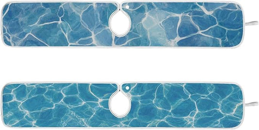 2 PCS Kitchen Sink Splash Guard 30 Inch Faucet Mat for Kitchen Sink Bathroom Sink Faucet Absorbing Drip Drain Mat Pad Microfiber Soft Washable Blue Pool Ripples