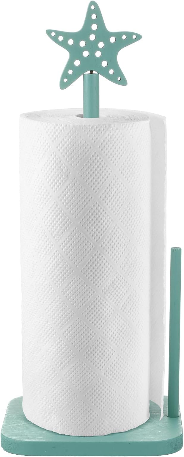 Leinuosen Beach Starfish Paper Towel Holder Rustic Beach Coastal Wooden Paper Towel Holder Turquoise Blue Nautical Ocean Bathroom Accessories Kitchen Roll Stand Organizer Apartment Housewarming Gift