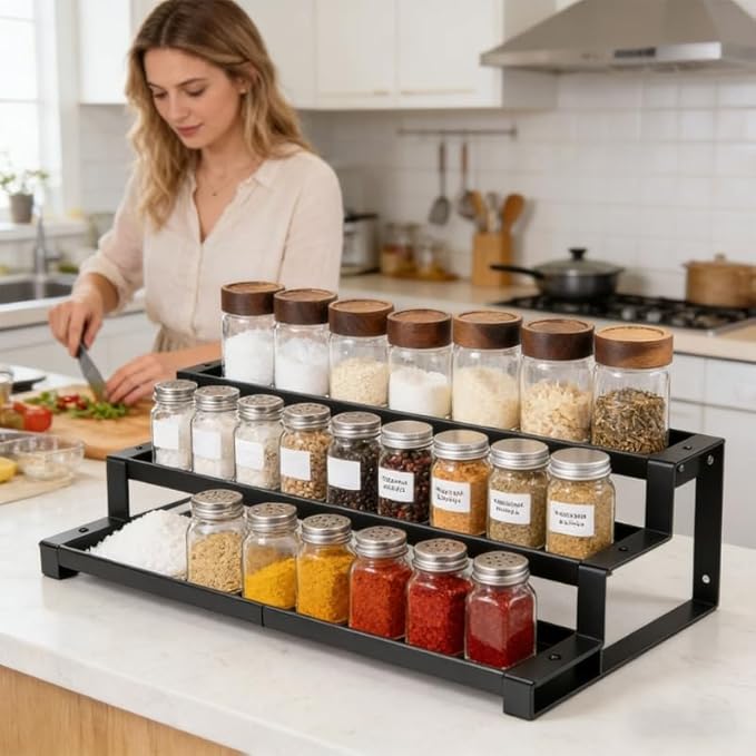 3-Tier Spice Rack Organizer, 16"-29" Expandable Adjustable Shelf, Slip-Resistant Metal Storage for Kitchen Cabinet Countertop Pantry, Seasoning Jar Bottle Display Stand, Black