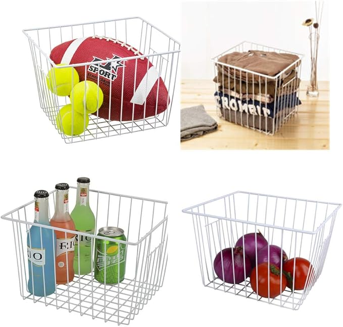 Y.Z.Bros Freezer Wire Baskets, Kitchen Storage Organizer Bins for Chest and Upright Freezer, Refrigerator Dividers Containers with Handles - Pearl White (4)