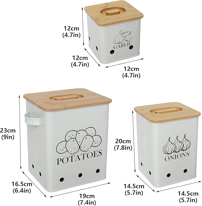 Kitchen Canisters Set, Storage Bin for Potato Onion & Garlic, 3 Pack Set Countertop Pots Containers with Wooden Lid - Potato Storage, Garlic Bin, Onion Keeper Tin with Aerating Holes-White