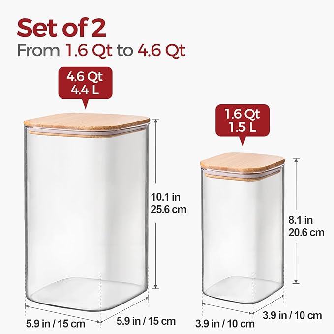 Glass Flour and Sugar Containers, Square Glass Containers with Bamboo Lids, Gallon Jars with Bamboo Lids for Cookies, Coffee Beans （2 pack 1.6/4.6 qt）