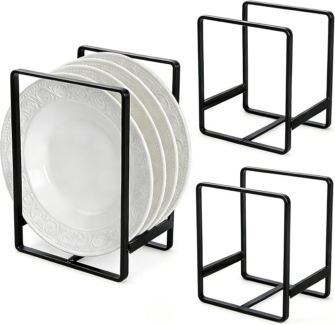 3Pcs Plate Holder Organizer - 2 Sizes Metal Upright Dish Rack for Kitchen Countertop/Cupboard | Portable Storage for Plates, Pots, Pans, Lids | Black Rustproof Counter Dish Organizer