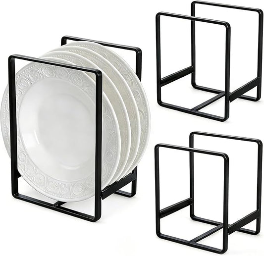 3Pcs Plate Holder Organizer - 2 Sizes Metal Upright Dish Rack for Kitchen Countertop/Cupboard | Portable Storage for Plates, Pots, Pans, Lids | Black Rustproof Counter Dish Organizer