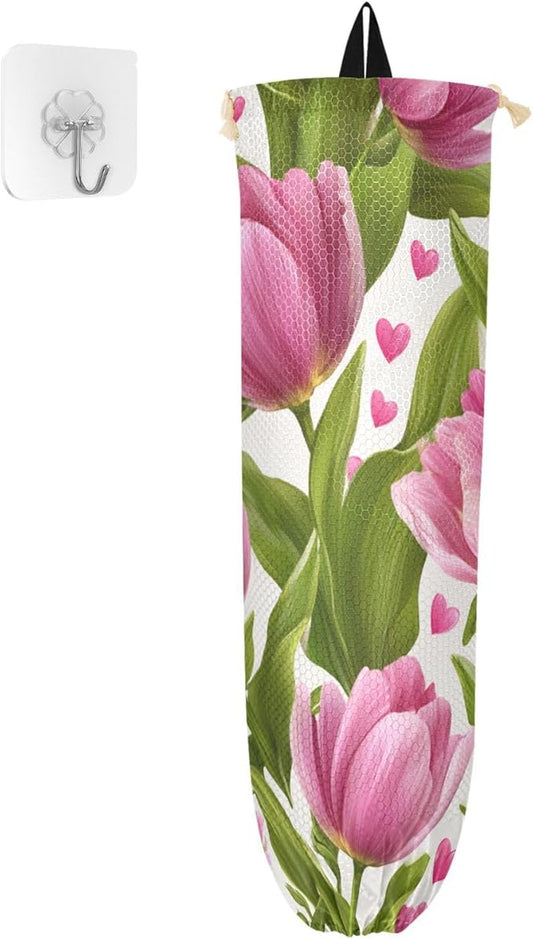Plastic Bag Holder Wall Mount Grocery Bag Shopping Bag Storage Holder Organizer Dispenser with Adhesive Hook,for Kitchen Bathroom Home Decor 9x22 Inches Pink Fresh Tulips and Hearts05