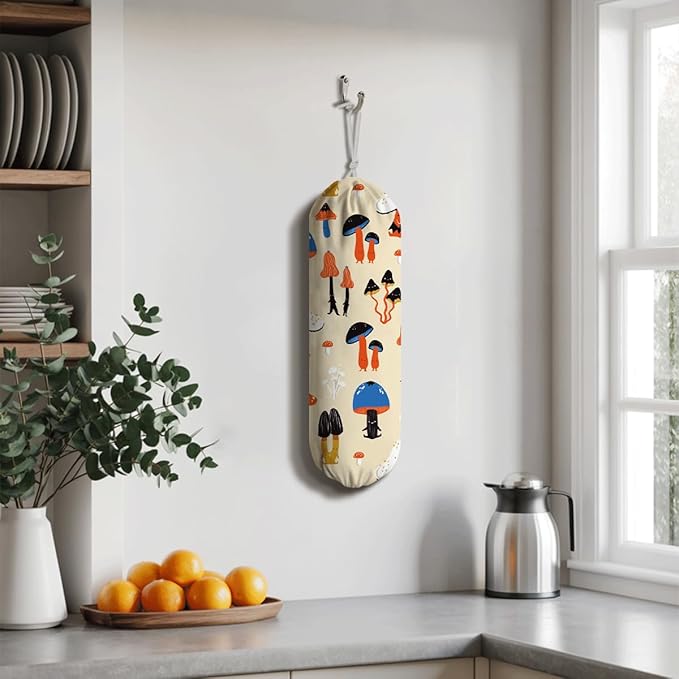 Mushroom Plastic Bag Holder, Reusable Hanging Shopping Bags Storage Organizer, Colorful Fabric Garbage Trash Bag Dispenser for Home Kitchen Pantry Cabinet, Wall Mount, Kitchen Housewarming Gifts