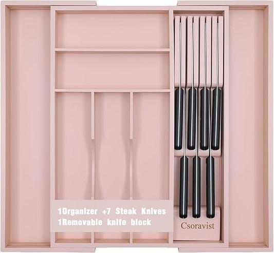 9-Piece Bamboo Kitchen Drawer Organizer Set, Expandable Silverware &Utensil Organizer with Removable Knife Block & Steak Knives, Flatware Organization, Tableware Dividers Storage(Pink)