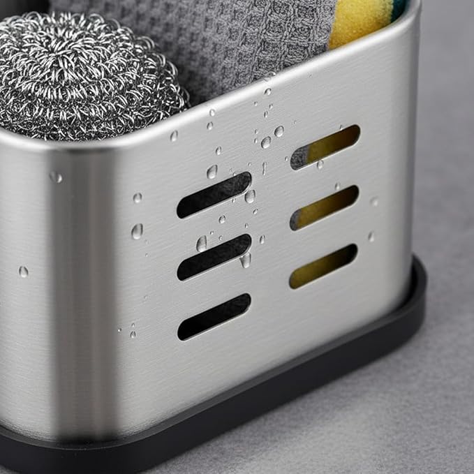 Sponge Holder for Kitchen Sink, Sink Caddy for Countertop Organizer, Stainless Steel Sponge Holder with Detachable Drip Tray for Kitchen Accessories