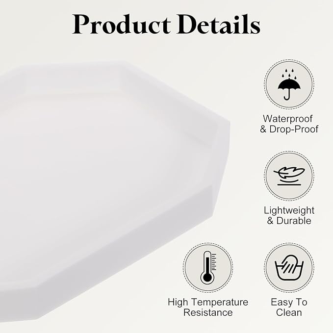 uxcell Bathroom Vanity Tray, 7.9" x 6" Octagon Silicone Soap Dispenser Trays, Shatterproof Kitchen Sink Organizer for Soaps Keys Candle Trinket, White