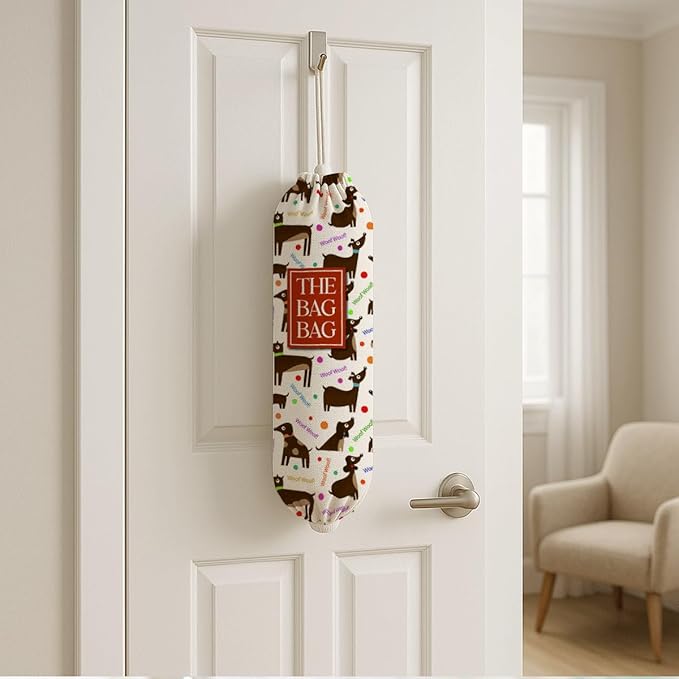 The Bag Bag Grocery Bags Holder, "Woof Woof" Dog Pattern Grocery Bags Holder Organizer for Shopping Sack, Reusable Hanging Trash Sack Dispenser, Kitchen Gift for Women Family Friends