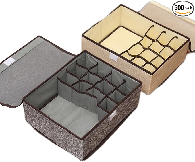 FACELESS Cotton and Linen Fabric Storage Box, Foldable with Lid, Dust-Proof, Drawer Style Partition, Underwear and Socks Storage (Grey+Beige-(13 grids), 12.6X9.84X4.72 IN)