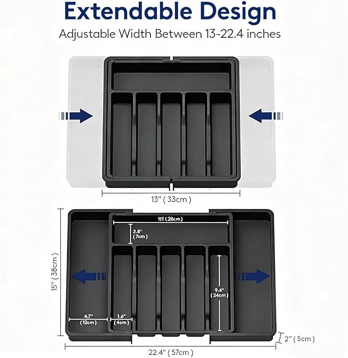 Expandable Large Silverware Tray For Drawer Organizer, Kitchen Cooking Utensil Drawer Organizer For Spoons Forks Knives, Adjustable Cutlery Flatware Holder 13"-22.4" X 14.7" X 2" (Black)
