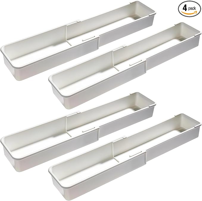 4 Pcs Adjustable Drawer Organizers, Extendable Plastic Dividers for Kitchen, Bathroom, Office Utensil, Cutlery, and Office Supply Storage, White Tray Set
