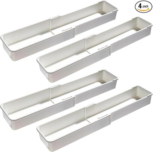 4 Pcs Adjustable Drawer Organizers, Extendable Plastic Dividers for Kitchen, Bathroom, Office Utensil, Cutlery, and Office Supply Storage, White Tray Set