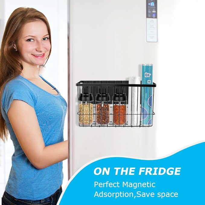 Magnetic Metal Basket Organizer for Fridge & Locker, Storage Basket for Foil/Plastic Wrap/Spice/Dryer Ball, Space-Saving Kitchen & Laundry Solution (Black, S)