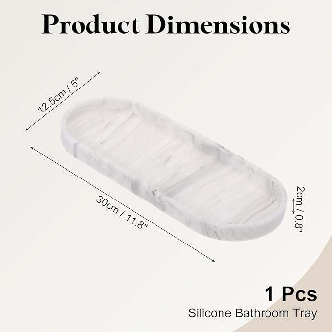 uxcell Bathroom Vanity Tray, 11.8" x 5" Oval Silicone Soap Dispenser Trays, Shatterproof Kitchen Sink Organizer for Soaps Keys Candle Trinket, Marble White