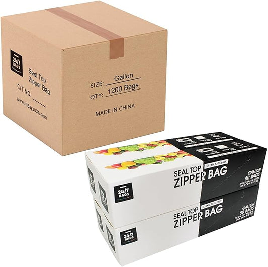 24/7 Bags- Gallon Zip Storage Bags, Case Pack 1200 Count, Double Zipper Seal, Easy Grip Open Tabs, Write-On Space, BPA-Free & Heavy Duty, 24 Boxes of 50