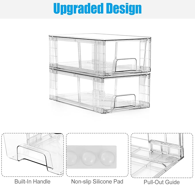 6 Pack Stackable Storage Drawers,Plastic Organizers Bins, Drawers Storage with Handles and Movable Dividers for Organization and Storage in Fridge,Bathroom, Pantry, Kitchen Cabinets, Under Sink