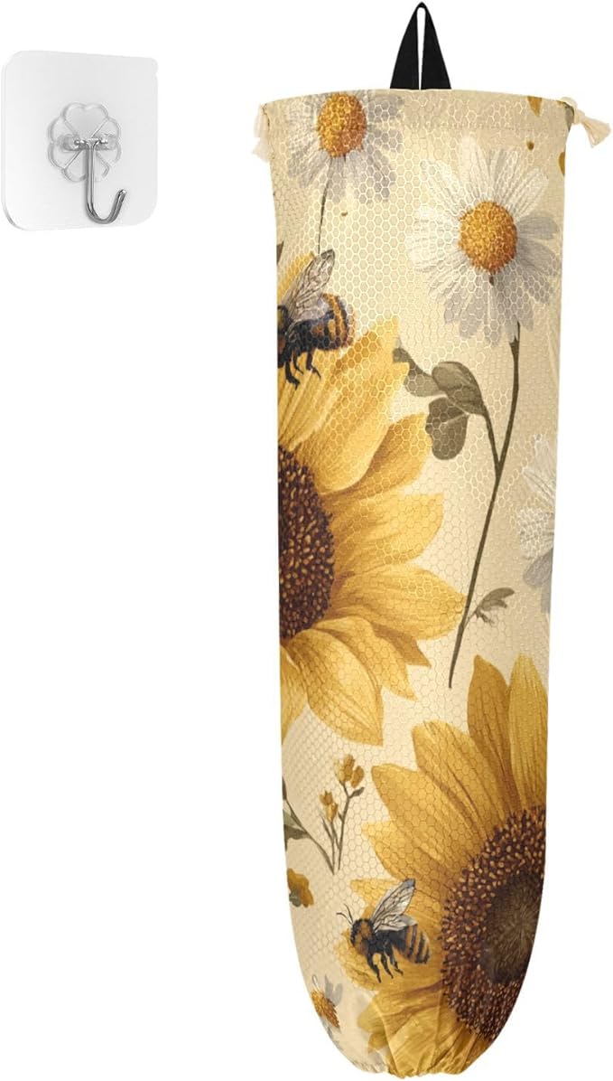 Plastic Bag Holder Wall Mount Grocery Bag Shopping Bag Storage Holder Organizer Dispenser with Adhesive Hook,for Kitchen Bathroom Home Decor 9x22 Inches Beige Sunflowers and Daisy Bees10