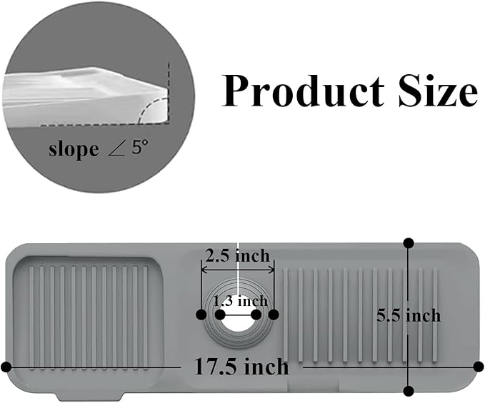 CHIVOLONA Kitchen Sink Splash Guard,Silicone Faucet Handle Drip Catcher Tray,Grey Faucet Mat for Kitchen Sink,Fit Kitchen or Bathroom Sink,5°Slope,17.5” * 5.5”