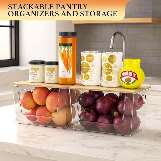 CiWiVOKi 2 Set Pantry Organizers and Storage - Clear Stackable Bins with Bamboo Lid for Fruit, Onion, Potato, Vegetable - Trash Bag Holder Dispenser Under Sink Organizer for 4-13 Gal Bags