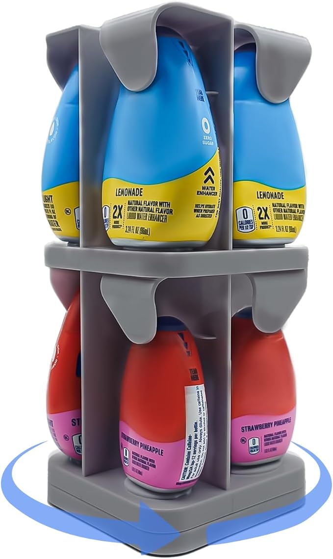 Organizer for Mio/KoolAid Liquid Water Enhancer - 2-Tier Spinning Holder for 8 Liquid Water Enhancers (Fits 3.24oz & 1.62oz), Stackable ABS Storage, Space-Saving Countertop Dispenser (Gray)