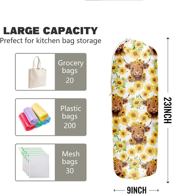 Highland Cattle Cow Plastic Bag Holder, Grocery Bag Holder, Plastic Bag Storage Organizer, Plastic Bag Holders for Grocery Bags, Sunflower Home Kitchen Decor, Gifts for Women Mom Grandma