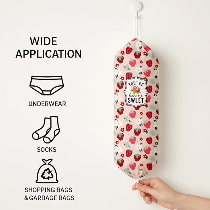 Plastic Bag Holder, Pink Strawberry Plastic Bag Holder, Bags Holders for Plastics Bags Groceries Store, Reusable Trash Sack Storage Dispenser, Kitchen Gifts For Women Family Friends