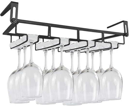 Adjustable Under Cabinet Stemware Holder - Metal Wine Glass Hanger Organizer for Kitchen, Bar, Shelf - Rustproof Hanging Storage Rack for 6-8 Glasses - Space Saving Decor (Black, 4 Rows)