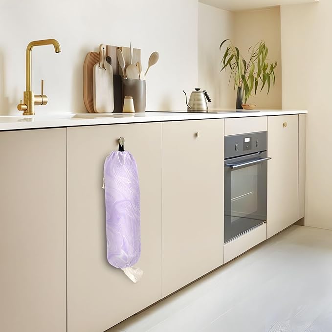 1 PC Plastic Bag Holder Wall Mount Grocery Bag Holder Shopping Bag Trash Bag Storage Organizer Dispenser for Kitchen Closet 22 x 9 Inch Marble Purple