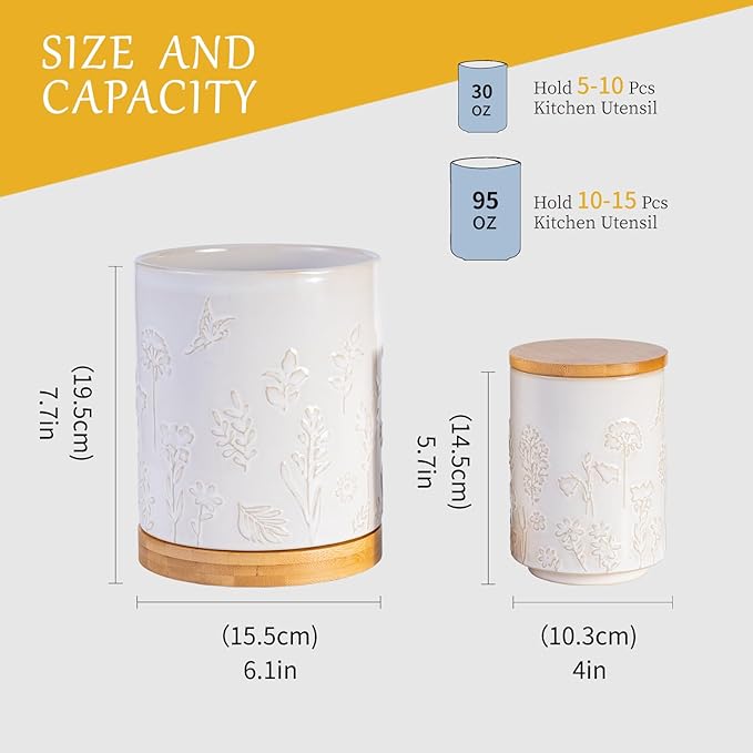 TEATALK Utensil Holder Set of 2, 7.7"+5.7" Ceramic Kitchen Utensil Holder for Countertop, Farmhouse Vintage Utensil Crock for Cooking Utensils, Large Utensil Organizer (Flower Butterfly)