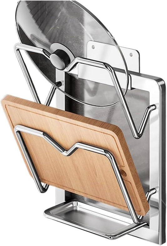 Kitchen Pot Lid Storage Rack, Pot Lid Holder With Tray, Lid Holder While Cooking, Lid And Spoon Rest, Multifunctional Kitchen Organizer Stand for Stove Top (Wall Mount, Double-layer)