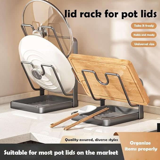 Kitchen Pot Lid Storage Rack, Pot Lid Holder With Tray,304 Stainless Steel Pots Lids Holder While Cooking, Multifunctional Kitchen Pots Cover Organizer for Countertop