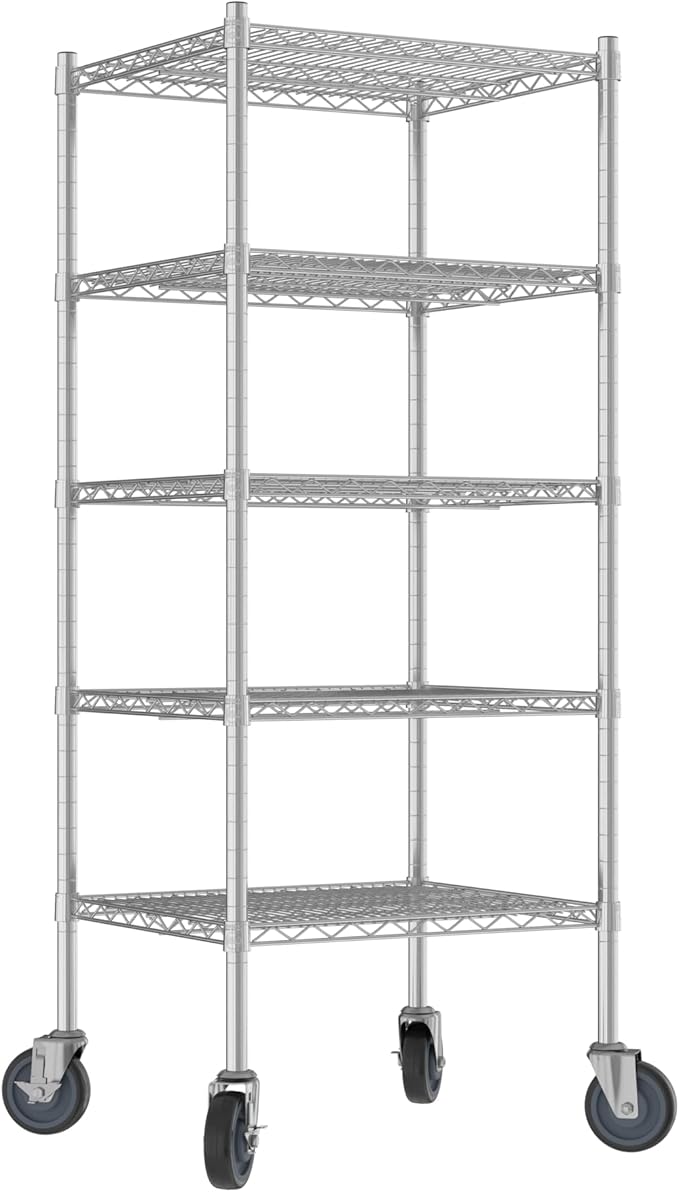 Commercial NSF Listed Chrome Mobile Wire Shelving Kit 21" x 24" x 60", with 5 Shelves Perfect for Warehouse, Walk-in Refrigerator, Freezer, Grocery Store, Restaurant, Dishroom