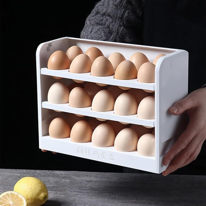 GARVALON 3-tier White Egg Storage Rack for Refrigerator Side Door Household Freezer Egg Organizer Tray Kitchen Holder Container for Preservation and Fridge Organization