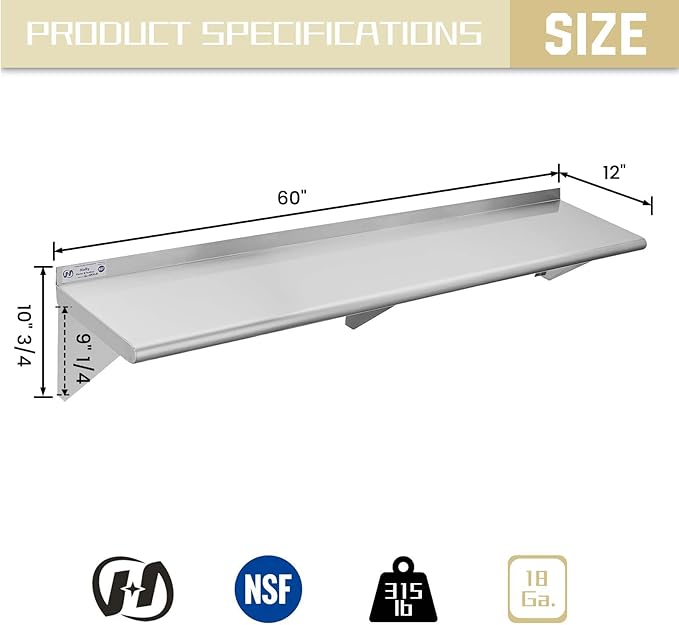 Hally Stainless Steel Shelf 12 x 60 Inches 315 lb, NSF Commercial Wall Mount Floating Shelving for Restaurant, Kitchen, Home and Hotel
