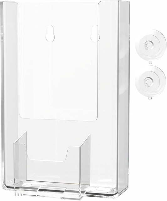 6 Pack Suction Cup Tri Fold Holder with Card Slot for 4 Inch Pamphlets and 2" x 3.5" Contact Info Cards Clear Acrylic Holds Printed Media and Attaches to Glass Walls or Windows by Marketing Holders
